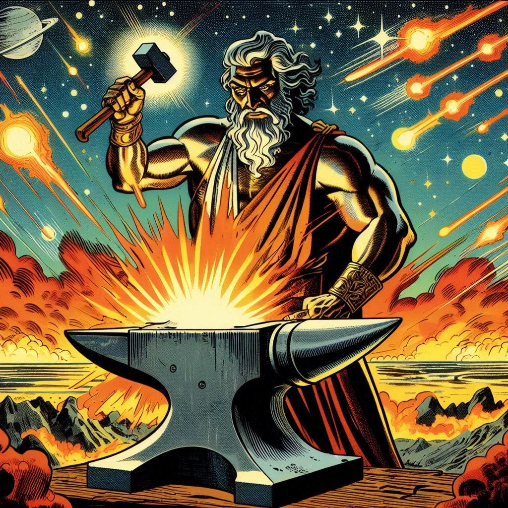 The mighty god Vulcan working iron on a celestial anvil amid a fiery scene, draw in the style of a 1950s vintage comic book.