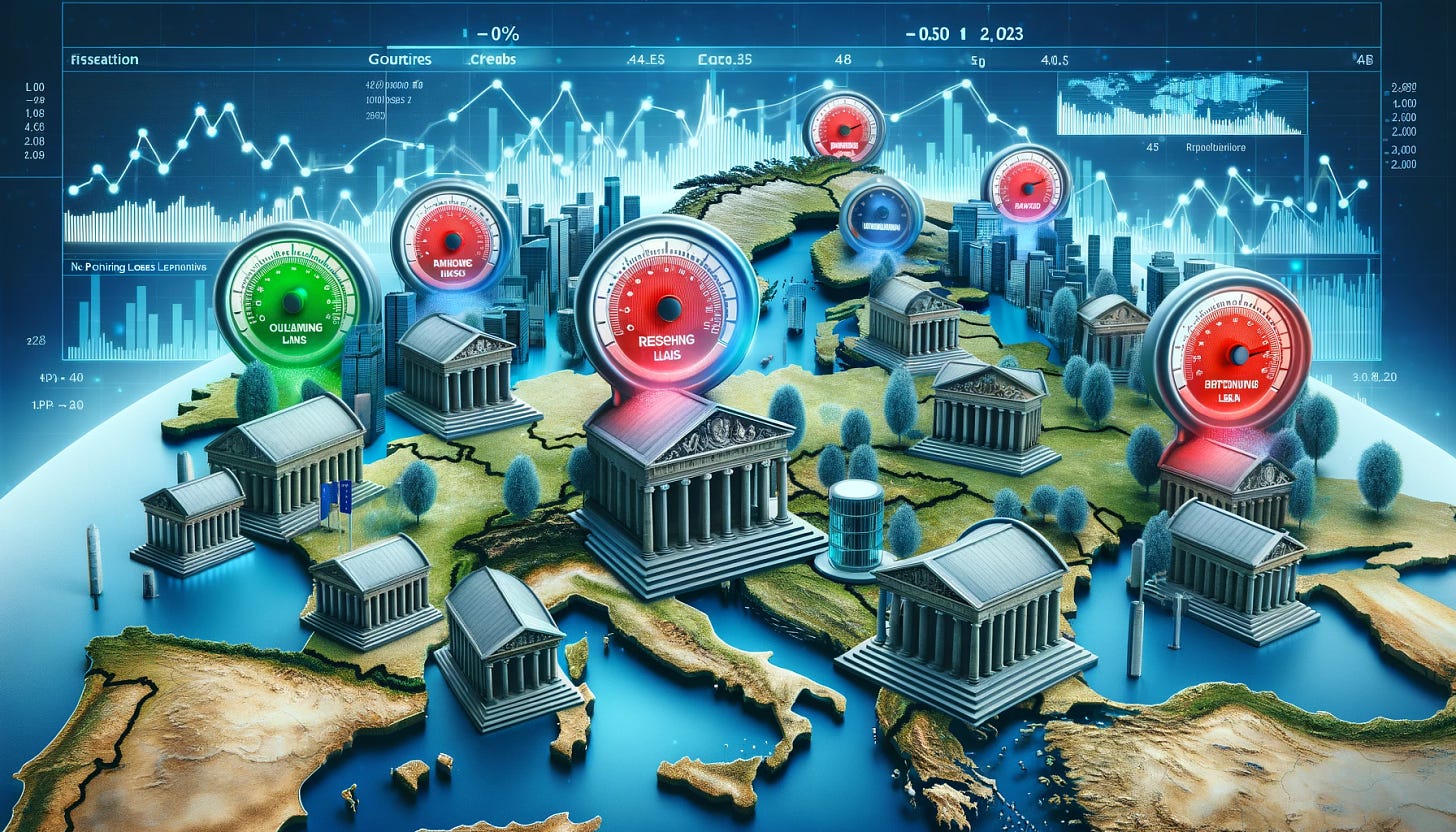 A conceptual image depicting the theme of European banks' non-performing loans (NPLs) showing resilience in 2023, but facing increased pressure in some countries. The scene includes a large map of Europe in the background, with various bank buildings scattered across. Each bank has a visual meter above it showing the level of stress, with some meters in the green zone and others in the red zone, indicating financial pressure. The image should convey a sense of financial analysis and geographical spread, in a business news style, without any text.