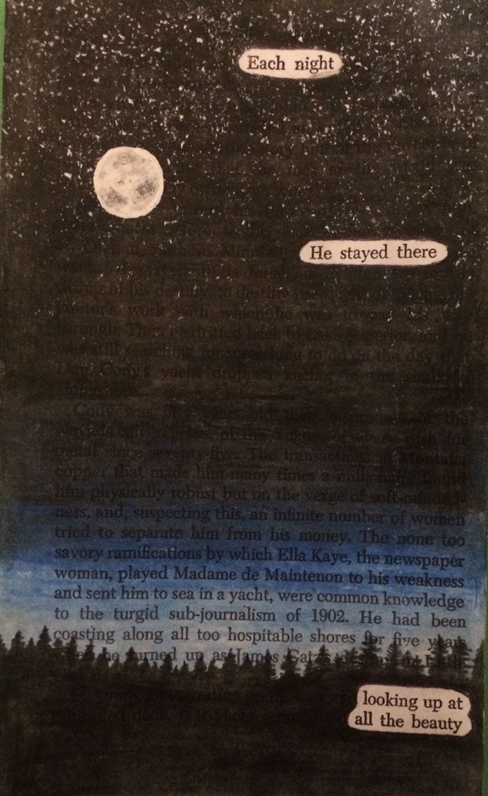 Blackout poem, background is a drawing of a night sky. Text reads: "Each night he stayed there looking up at all the beauty." Blackout poem, background is a drawing of a night sky. Text reads: "Each night he stayed there looking up at all the beauty."