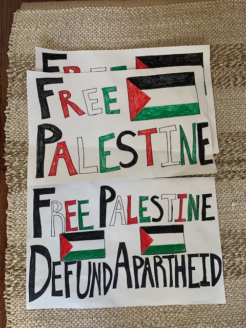 Signs I made that read: “Free Palestine. Defund Apartheid.” They are written with alternating colors-black, red, green and white and they have drawings of the Palestinian flag. 