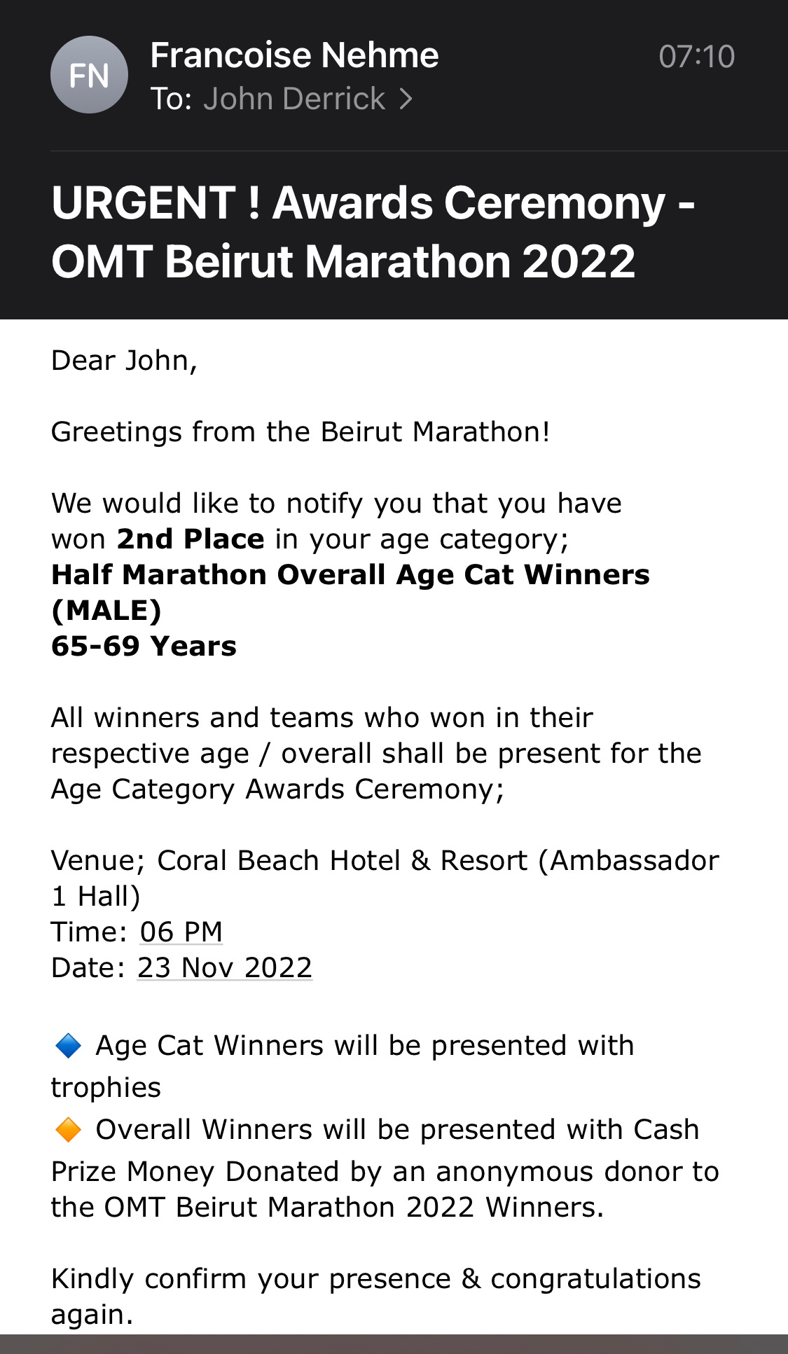 Beirut Half Marathon winner email