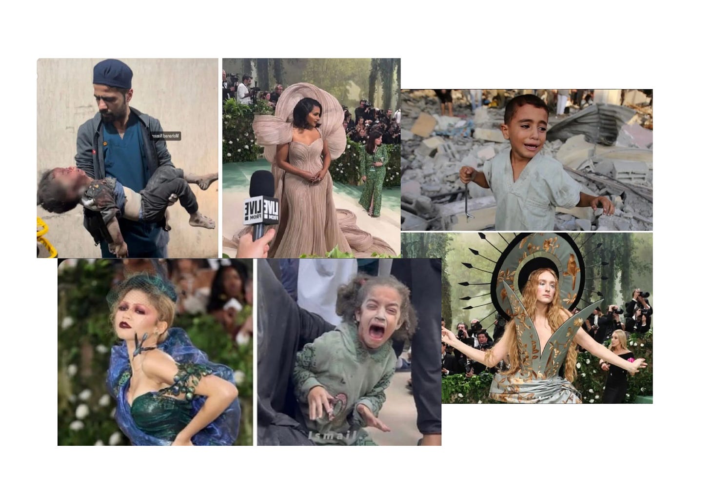 a collage of images juxtaposing the glamour at the met gala with the destruction and violence in Rafah