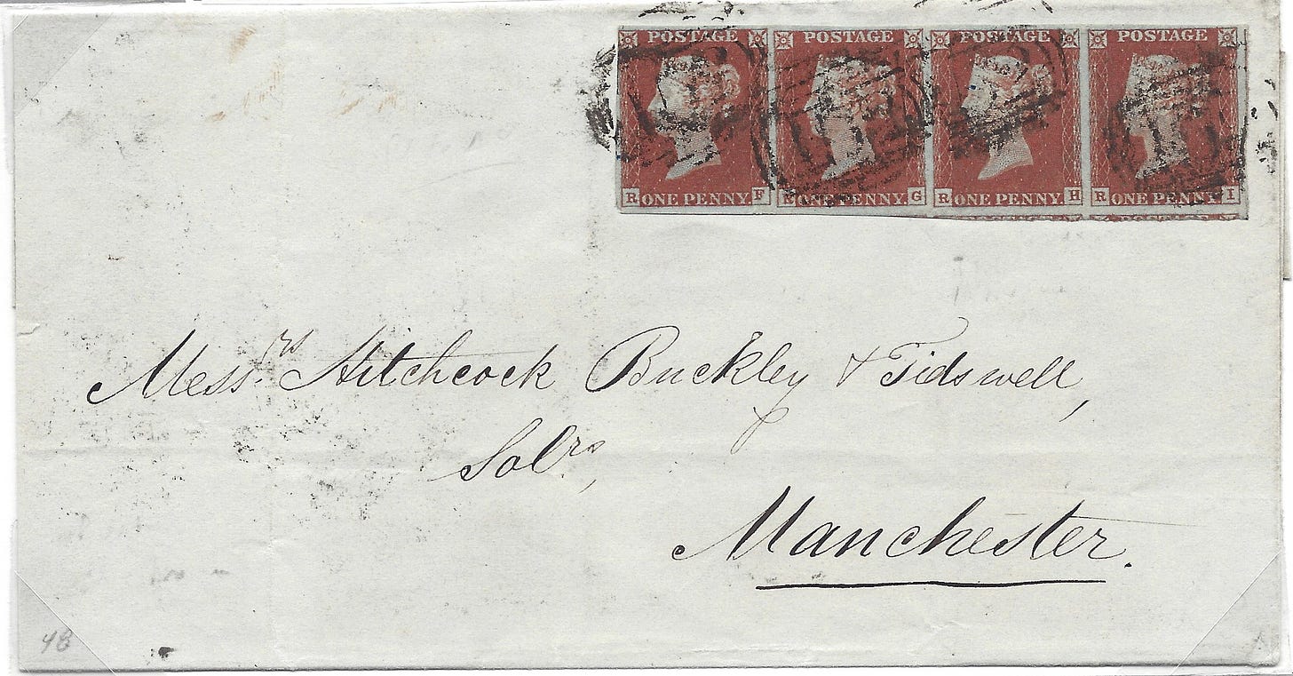 1844 folded letter with 4 one penny postage stamps