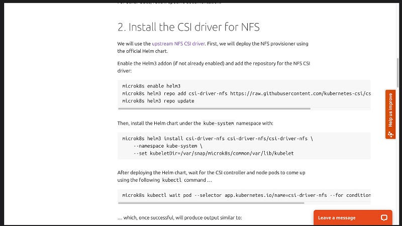 NFS CSI driver install instructions on the microk8s website