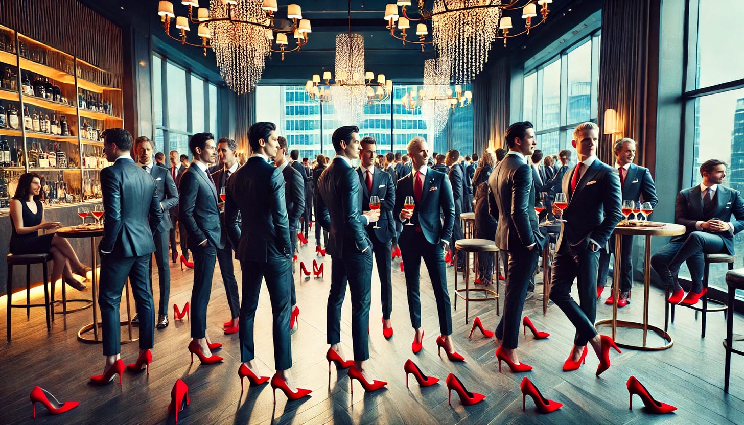 A formal party or corporate gathering attended by CEOs, all elegantly dressed in suits, with each man wearing striking red high heels. The setting is upscale, in a modern, well-lit venue with a classy ambiance. The venue features chandeliers, large windows with a cityscape view, and luxurious decor. The atmosphere is lively, with some attendees engaged in conversation, while others are enjoying drinks or hors d'oeuvres. The red high heels stand out prominently, adding a playful and bold element to the sophisticated event.