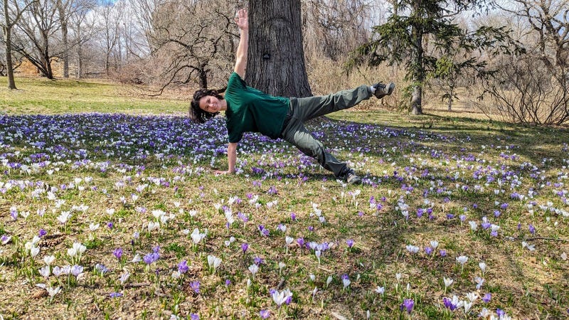 Photo of Rey in a sideways pose balancing on one arm and one leg, in the middle of a lot of white and purple spring flowers