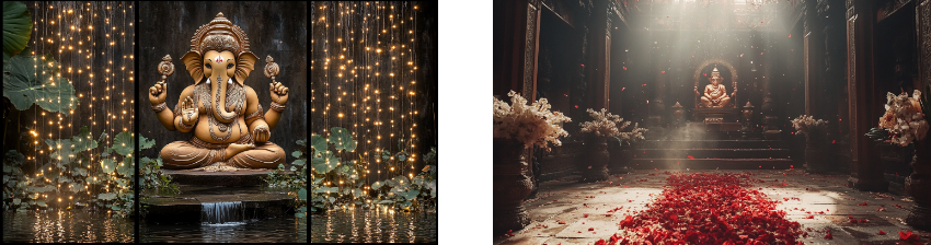 Two-part image: the left side depicts a serene Ganesha statue set against a backdrop of hanging fairy lights, surrounded by greenery, with its reflection shimmering in a tranquil water pool below. The right side shows an atmospheric temple interior with a Ganesha statue bathed in soft light at the far end, a pathway covered in red rose petals leading to the altar, creating a sacred and contemplative ambiance.