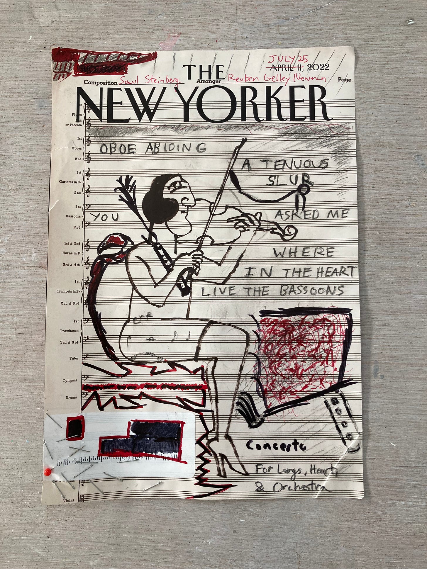 A collage on a New Yorker Saul Steinberg cover from April 11, 2022, which has a figure playing violin with the backdrop of a blank orchestral score. I’ve added ink drawings in red and black, sewing pins, and the text below.