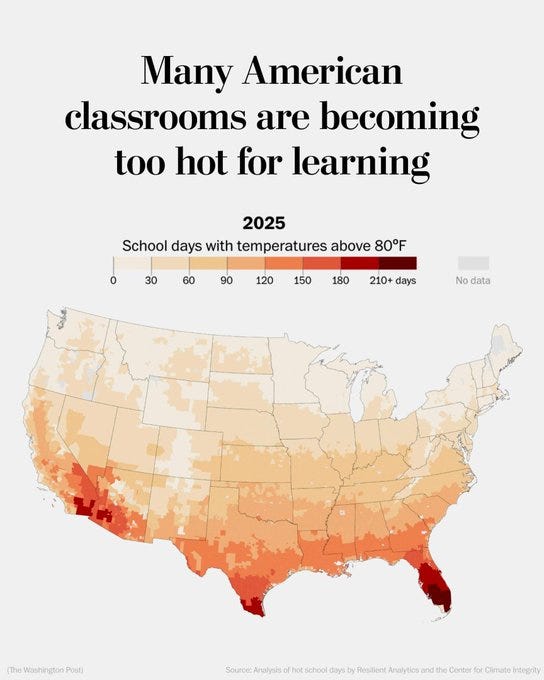 Map of the continental U.S. showing school days with temperatures above 80 degrees Fahrenheit in 2025 with the headline, “Many American classrooms are becoming too hot for learning.”