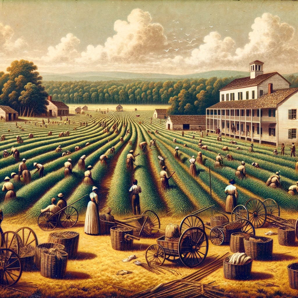 Visualize a plantation in the deep south of America just before the Civil War. The scene captures the vast fields of the plantation with servants working. The background features typical southern architecture of the era, with a large plantation house. The fields are busy with workers, depicting the labor-intensive agriculture of the time. The landscape is lush and the sky clear, emphasizing the historical and geographical setting. The portrayal aims to reflect the historical context accurately, showing the daily life and environment of a southern plantation during that period.