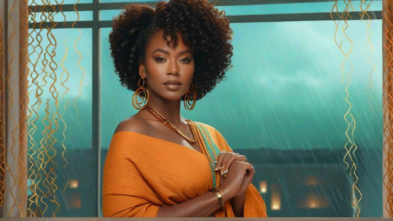 digital painting of a Black woman in her 30s with coiled Bantu knots, draped in textured burnt-orange linen. She faces a rain-slicked mullioned window, sunlight casting geometric shadows across clasped hands adorned with brass bangles. Ethereal teal glyphs ascend from her palms; hyperrealistic skin tones in amber-tan gradients contrast with cool bluish-green lighting. Smog-blurred city lights glow beyond the window frame, ultra-detailed 4K rendering.