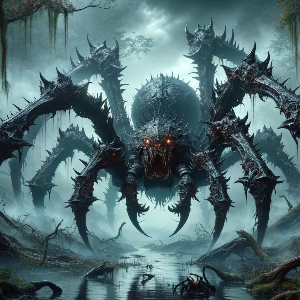 Imagine a demonic giant spider in a fantasy RPG setting, positioned menacingly in a swamp. This spider is not just any creature of the dark; its legs are not only tipped with iron-hard claws but also fitted with sharp metal blades, making it a formidable adversary. The spider's appearance is terrifying, with a dark, sinister aura emanating from its armored body, and its many eyes shine with a malevolent glow. The swamp itself is a place of foreboding, with thick mists swirling around, barely revealing the twisted vegetation and the murky waters that reflect the spider's monstrous form. The scene is a blend of natural and unnatural horror, showcasing the spider as it prepares to unleash its fury on any who dare to approach.