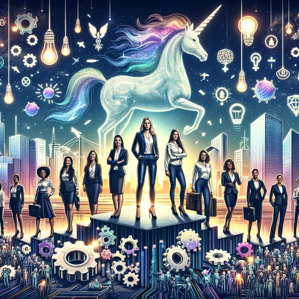 Create an image depicting the concept of diverse unicorn startup founders emerging as underdogs in the tech industry. The image should symbolize the rise of female, immigrant, and minority entrepreneurs achieving unicorn status against the odds. Incorporate elements such as a diverse group of people standing confidently on a platform shaped like a unicorn, showcasing a variety of backgrounds and industries. The unicorn platform is surrounded by symbols of innovation, like gears, light bulbs, and digital networks, representing the tech sector. The background should be dynamic and inspiring, with a skyline of futuristic buildings, indicating a thriving ecosystem of startups and venture capital. This image aims to convey optimism, diversity, and the breaking of traditional barriers in the startup world.