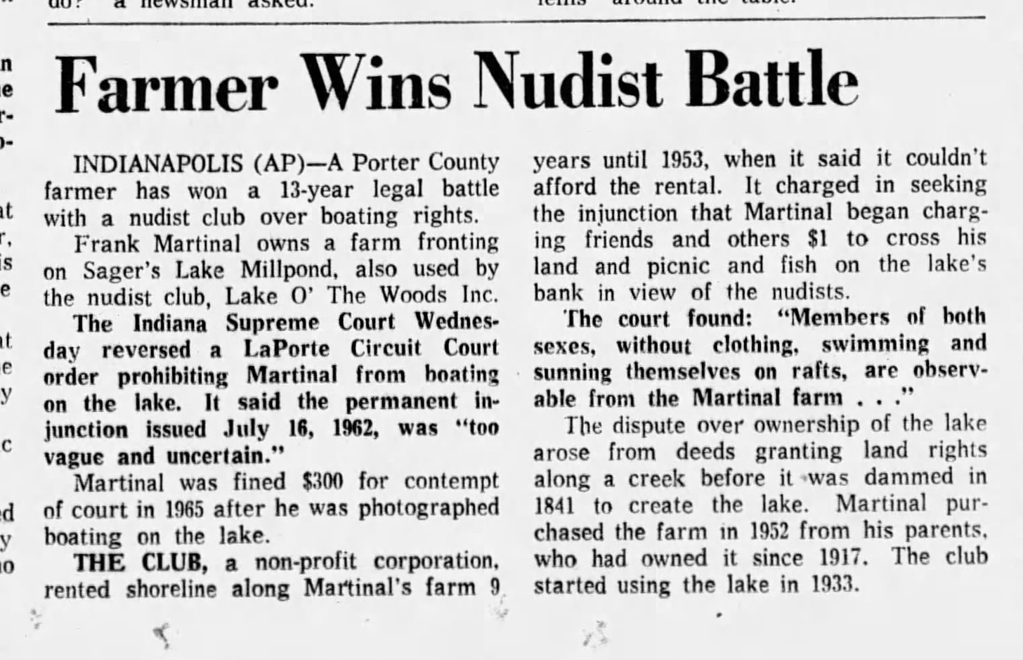 "Farmer Wins Nudist Battle" The Star Press (Muncie, Indiana) · 20 Apr 1967, Thu · Page 1