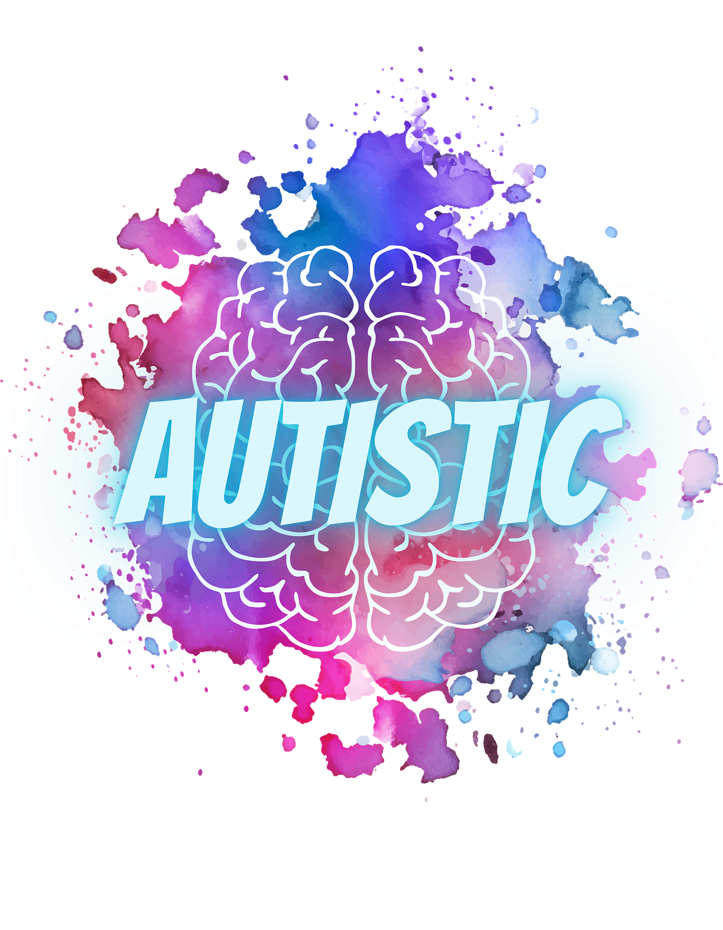 Autistic (in bolt teal block text) on top of a white brain outline over a purple teal and blue paint splatter