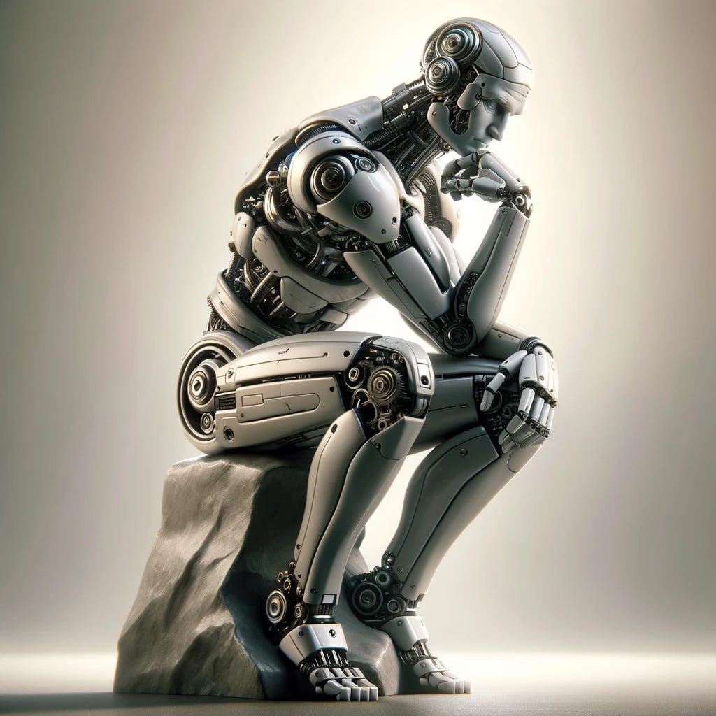 A robot sitting upon a rock in a thinking pose with an elbow on his knee and his chin resting on the backside of his hand.