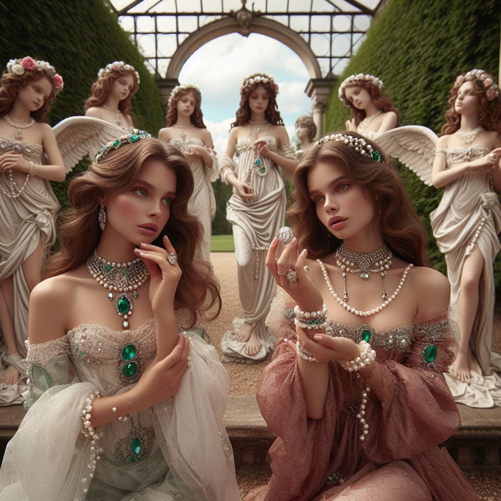 show me an outdoor Renaissance loggia in a garden with angelic girls dressed in pearls, emeralds, diamonds and rubies