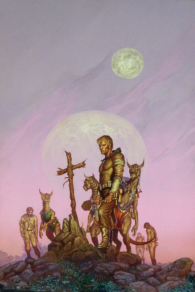 A man stands with a shovel in hand as he regards a cairn set with a makeshift cross made of wood and twine. Around him is a mixed group of humans and bipedal aliens. The humans drop their heads dejectedly. The alien bodies resemble that of a kangaroo while the head, ears, and stripes are reminiscent of a lynx. The scene is set against a pearlescent pink and lavender sky with a huge craggy moon hanging low and another smaller moon floating high above.