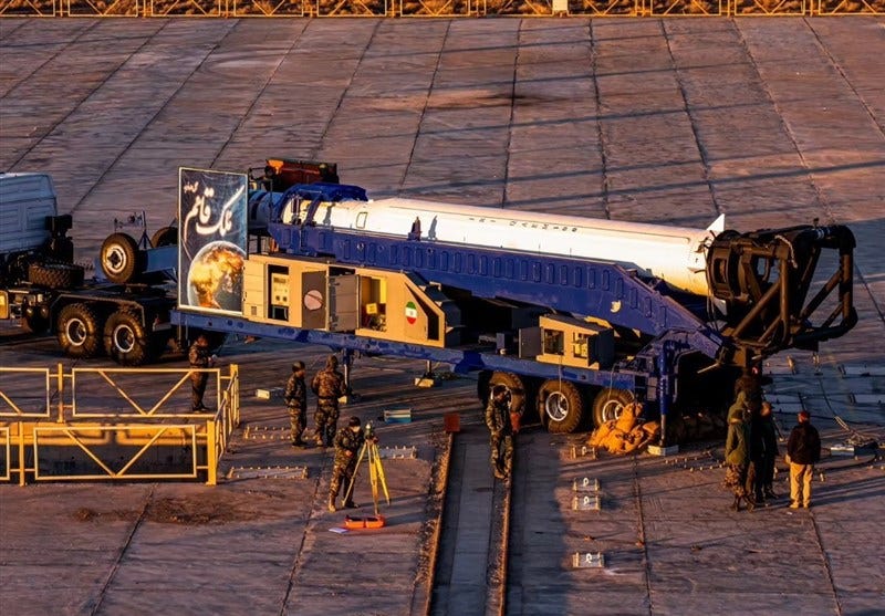 Iranian Qaem 100 rocket on a transporter-erector-launcher.