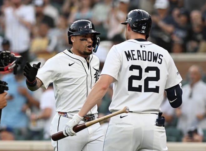Tigers’ Javier Baez reacts with Parker Meadows (22) after Baez’s solo home run in the seventh inning. Detroit Tigers take on the Pittsburgh Pirates at Comerica Park in Detroit on Tuesday, June 17, 2025.
