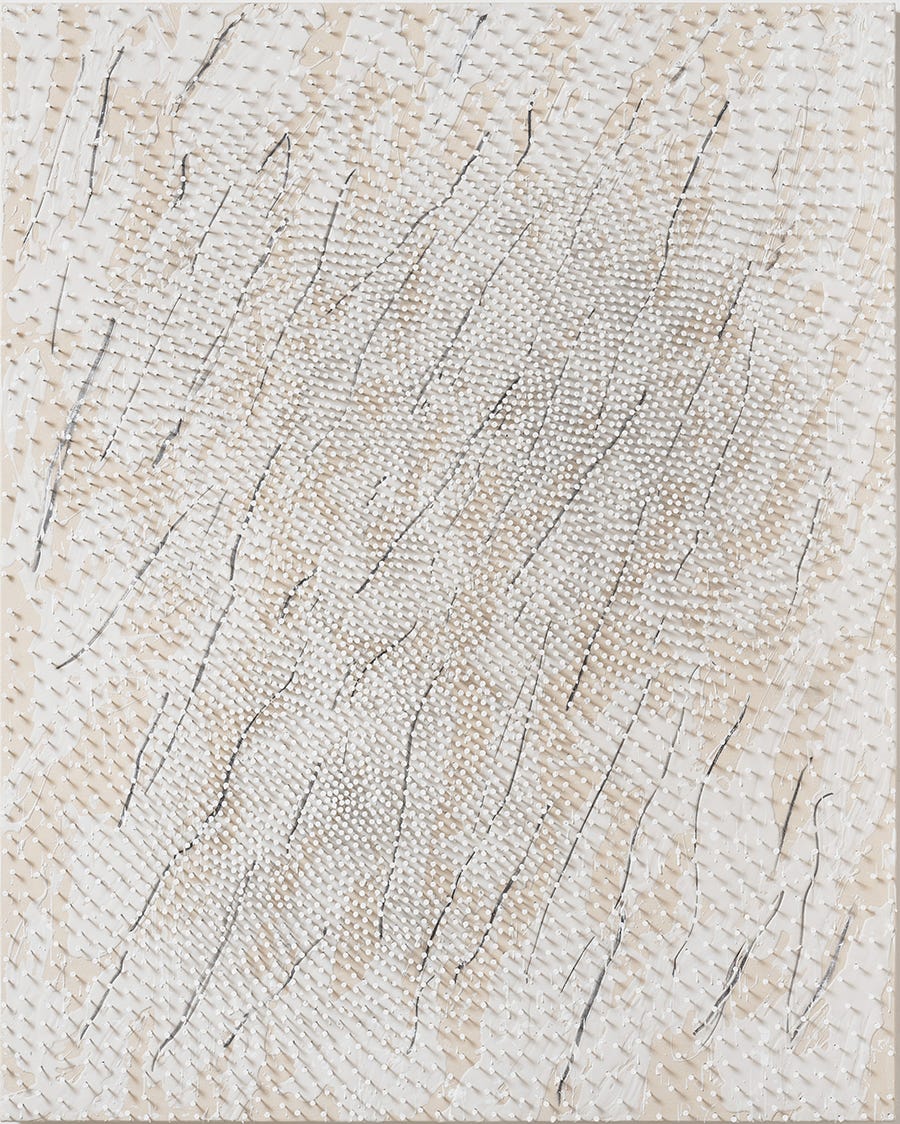 Günther Uecker, Schauer, (nails and white paint on canvas on wood), 2019 [«Frieze». © Estate of Günther Uecker / ARS, New York / VG Bild-Kunst, Bonn. Photo: © Ivo Faber]