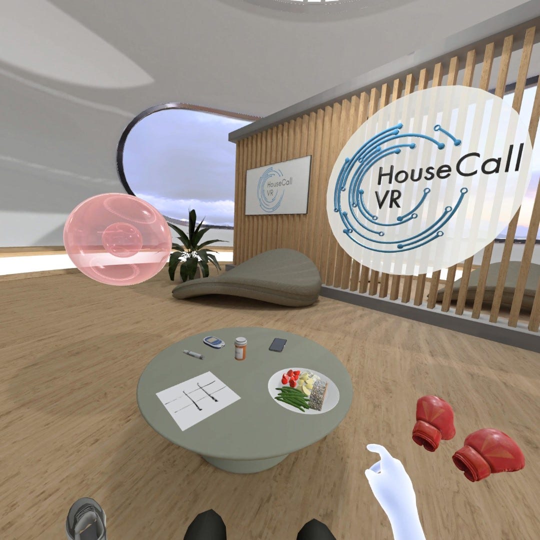 Screenshot displaying a round table with diabetes-related items, including medication, a glucose meter, and healthy food options from within the HouseCall VR platform. Screenshot displaying a round table with diabetes-related items, including medication, a glucose meter, and healthy food options from within the HouseCall VR platform.