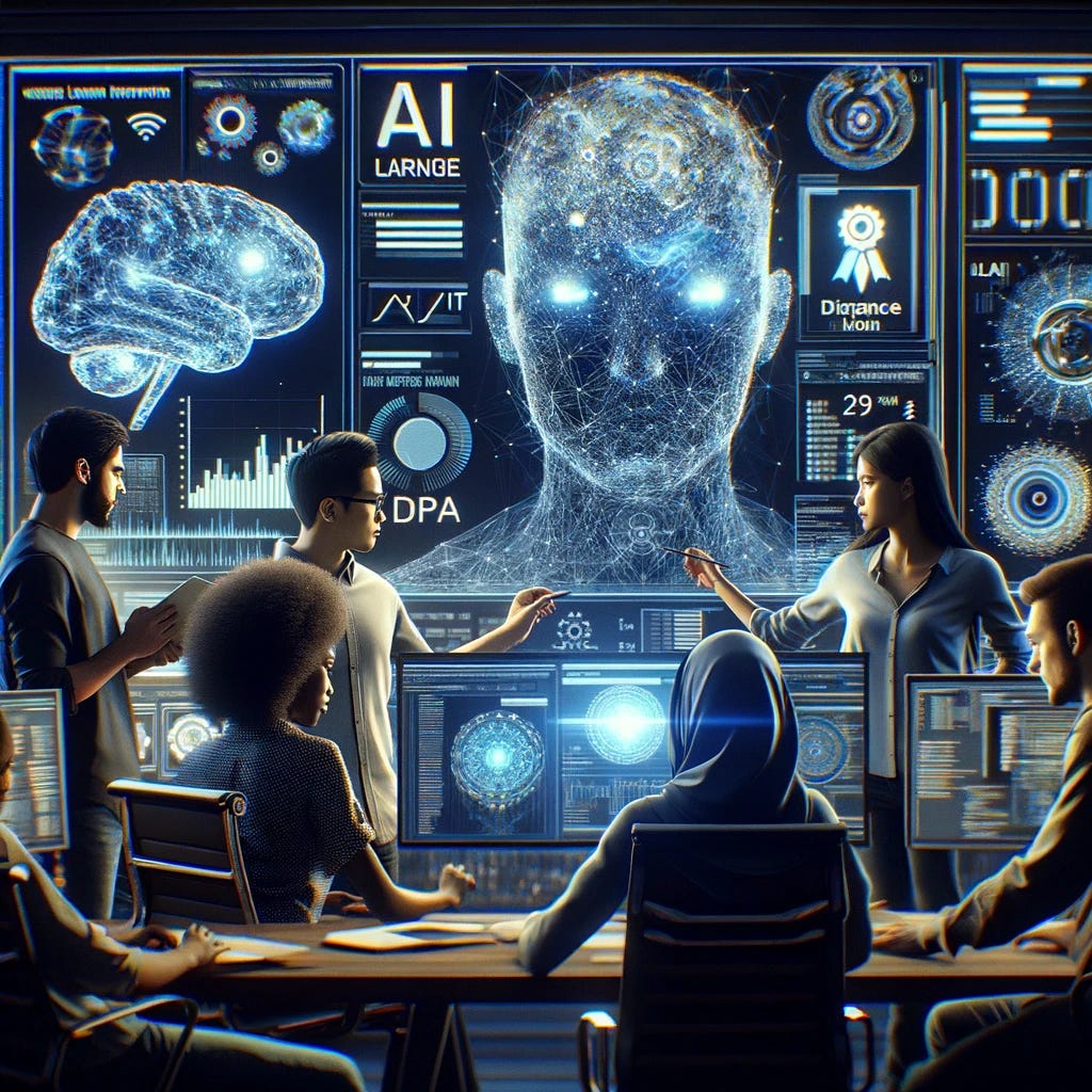 A cinematic image of a diverse group of programmers in a futuristic, high-tech office, collaboratively fine-tuning an AI large language model. The team consists of four individuals: a Black female with long curly hair, an Asian male with glasses, a Hispanic male with short black hair, and a Middle-Eastern female with a hijab. They are surrounded by large, holographic displays showing AI outputs and complex algorithms. The programmers are actively engaged in providing feedback for improvement, using methods like PEFT, LoRa, QLoRA, RLHF, and RLAIF. The atmosphere is dynamic and intensely focused, with a visually rich, futuristic aesthetic.