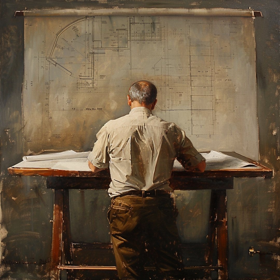 Painting in classical style, view from behind of an engineer working on his blueprint on a table.