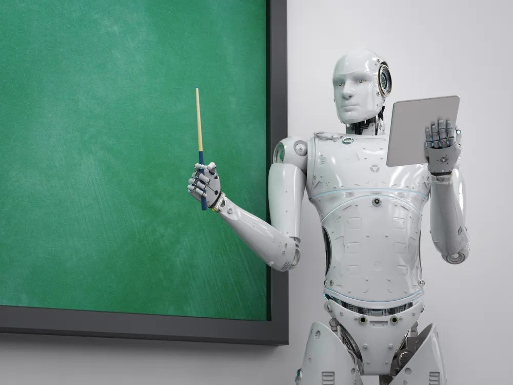 Robo humanoide em pe com um tablet na mao silalizando em um quadro verde