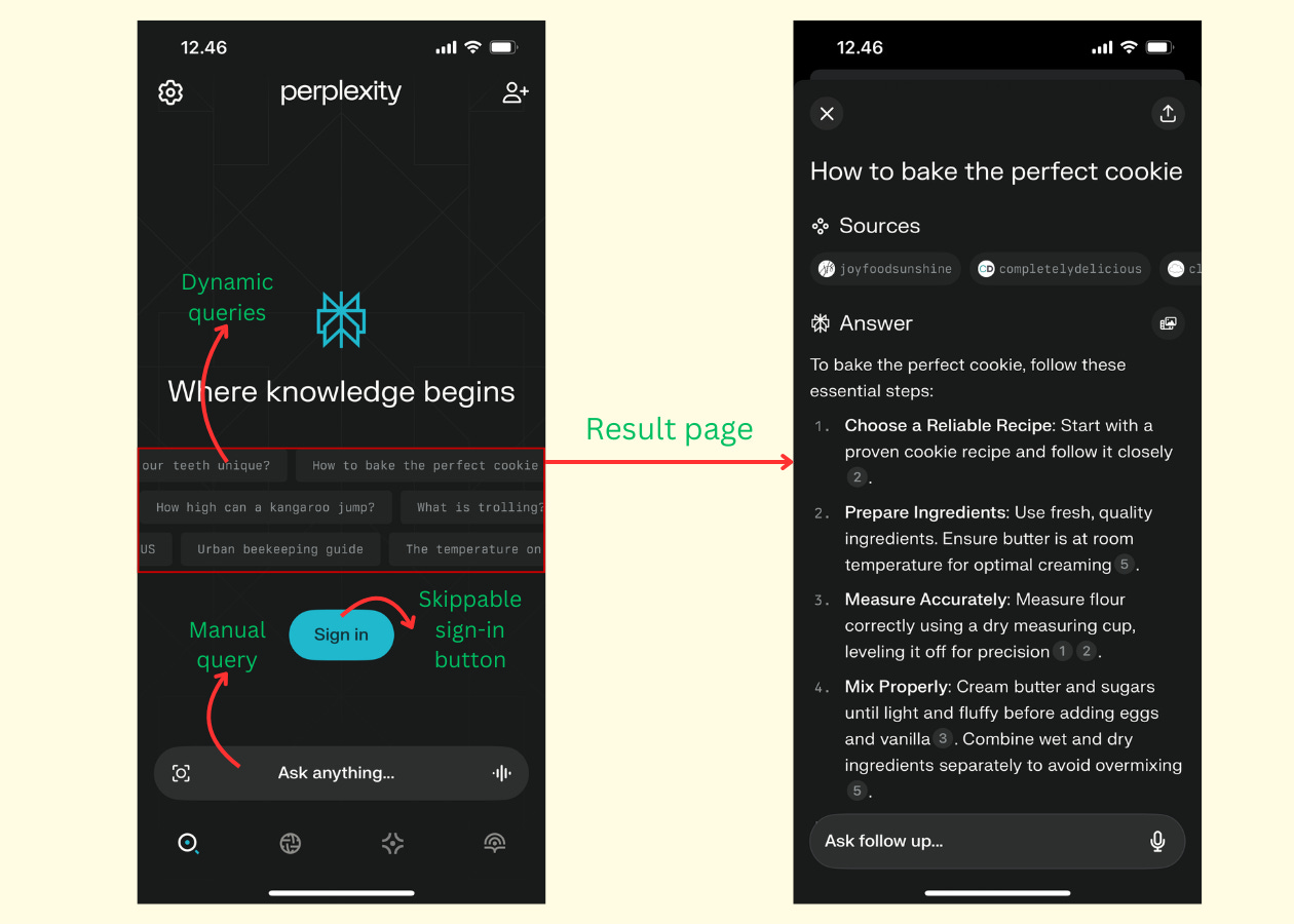 Perplexity's Homepage to Search Result Page