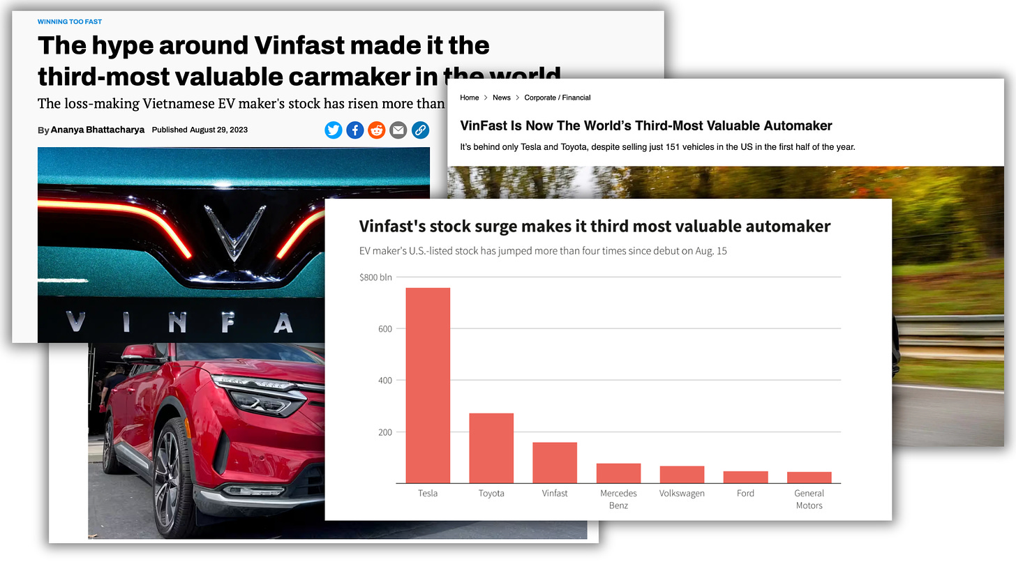 Screenshots showing news regarding VinFast as the world's third most valuable automaker