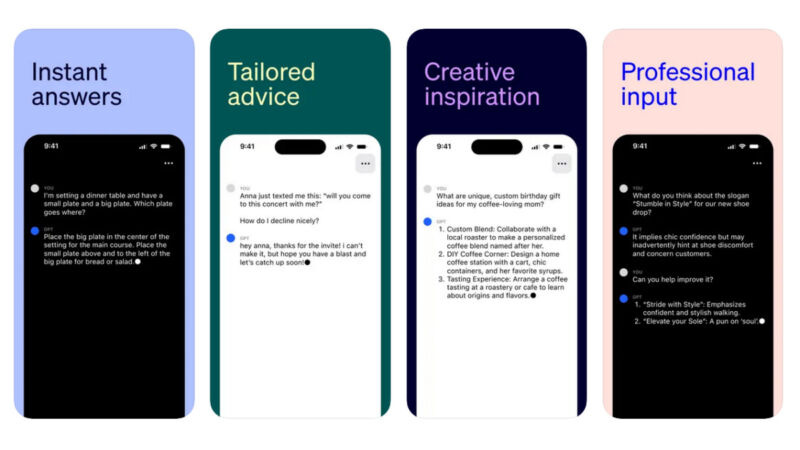Screenshots of the ChatGPT iPhone app provided by OpenAI. Screenshots of the ChatGPT iPhone app provided by OpenAI.