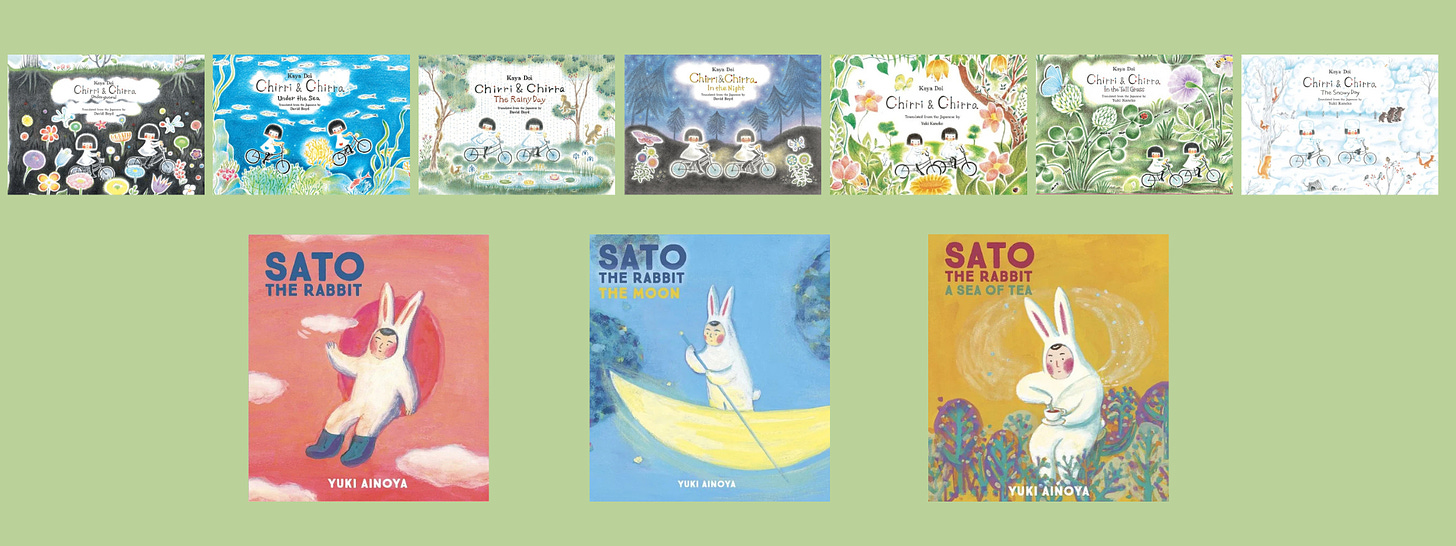 Covers of 7 Chirri & Chirra books and 3 Sato the Rabbit books on a green background.