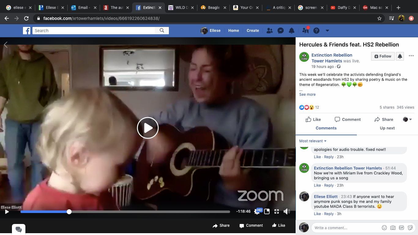 A screenshot of a facebook zoom call where Ellese sings for HS2 Rebellion, her young blonde child in the front of the shot