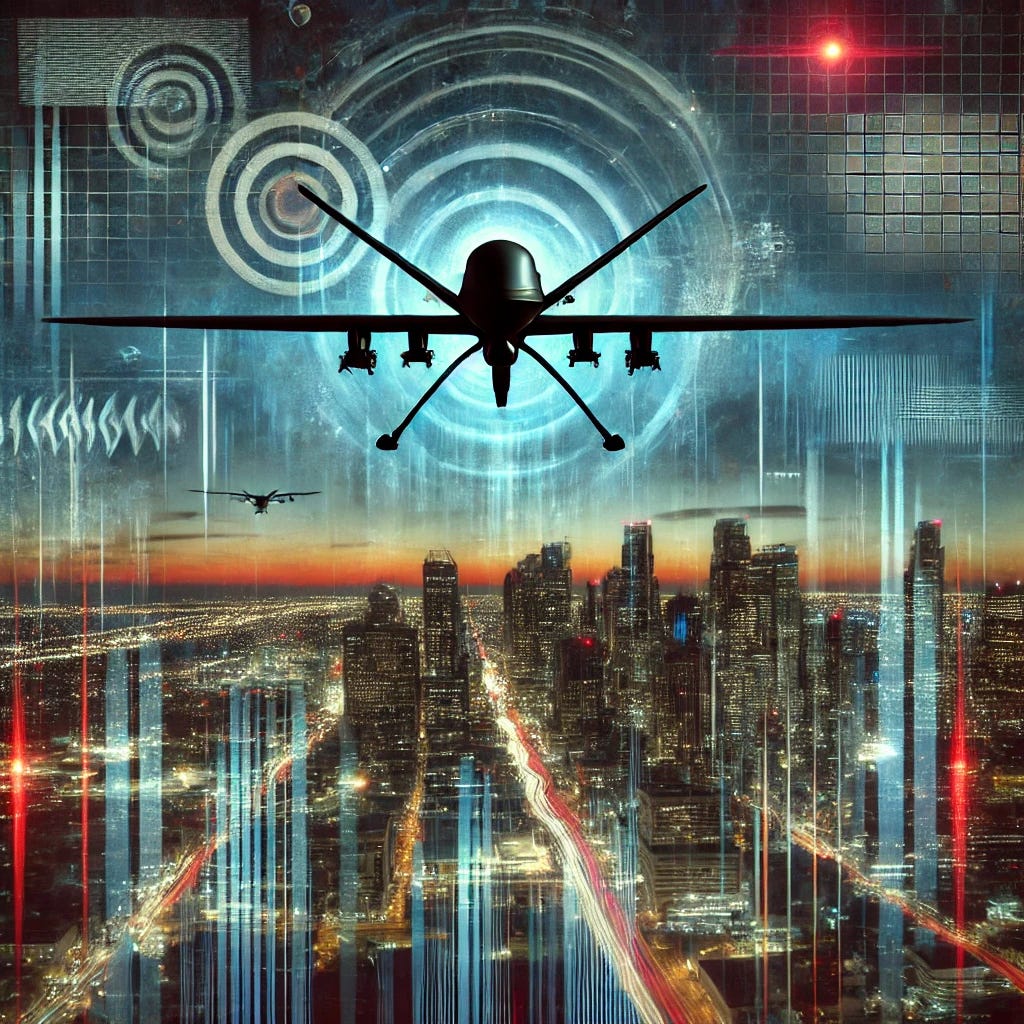 A conceptual image representing psychological operations (PSYOPS) related to drone narratives. The image features an ominous, shadowy drone hovering over a city skyline at dusk, with digital glitch effects in the sky and subtle distortion, symbolizing manipulation and unease. The background has a mix of static noise, faint silhouettes of media icons (like screens or cameras), and abstract waves representing communication signals. The colors include dark blues, grays, and red highlights to evoke tension, fear, and psychological influence.