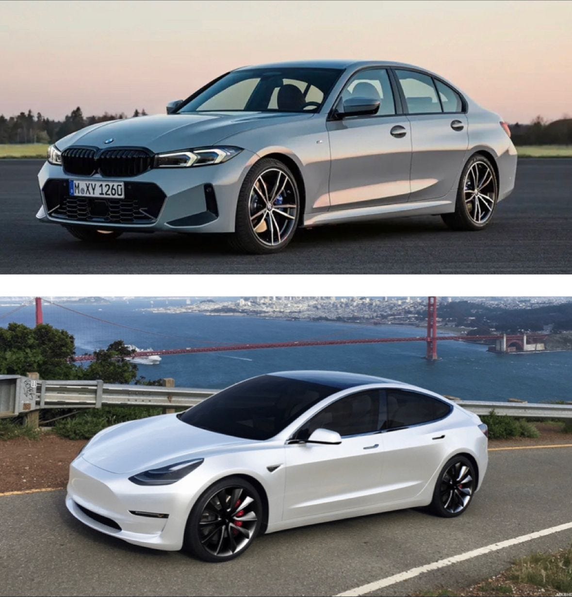 BMW 3 series and Tesla Model 3 shot against picturesque landscape background