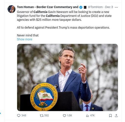 x.com post by incoming "Border Czar" Tom Homan