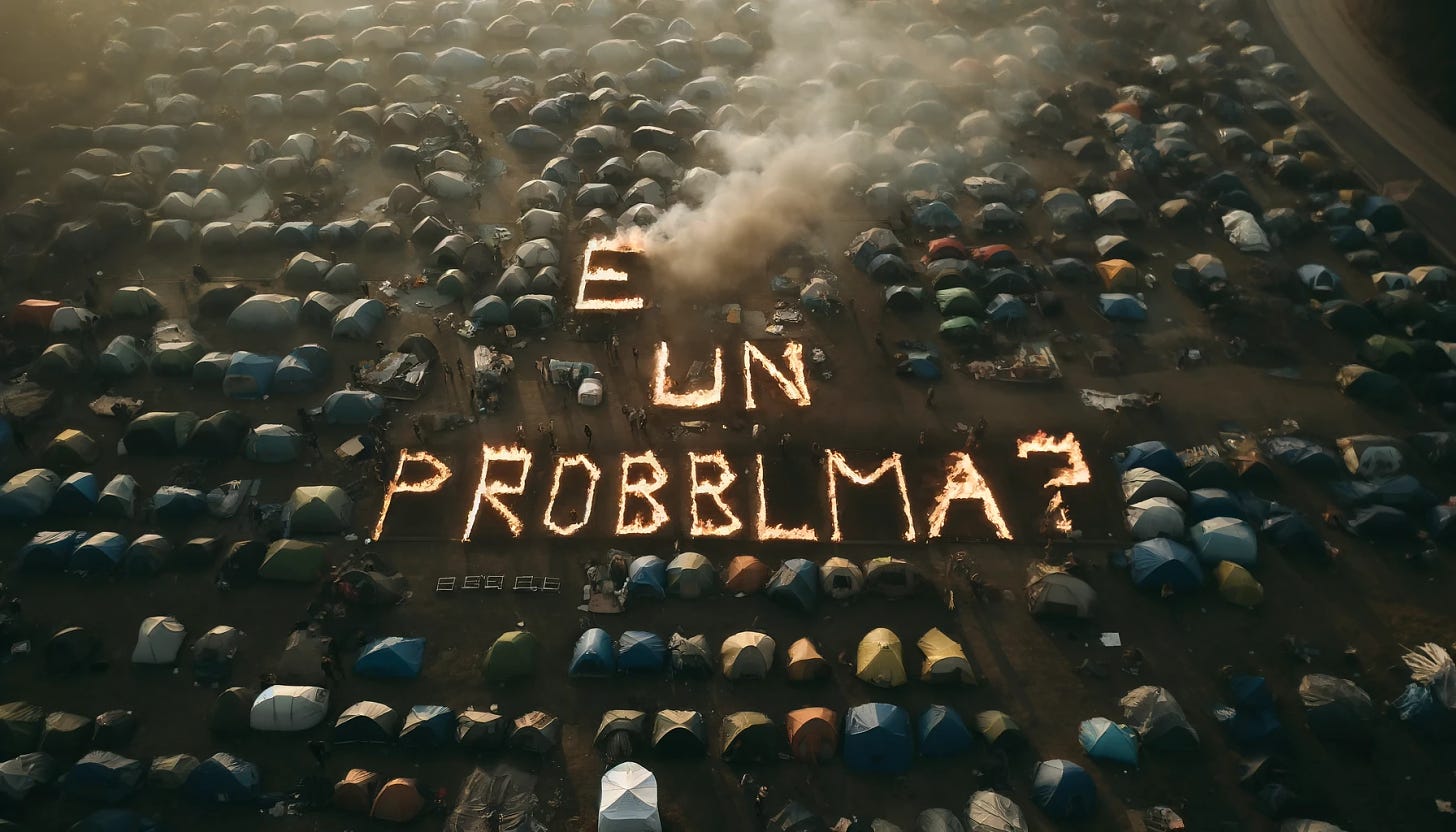 generated image of the tent encampment seen from above, with some tents on fire and the tents arranged to spell out “è un problema?”. The scene captures the chaotic atmosphere you described.