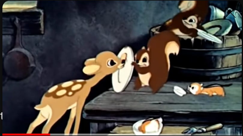 A fawn licks a plate "clean" while a squirrel holds it for them.