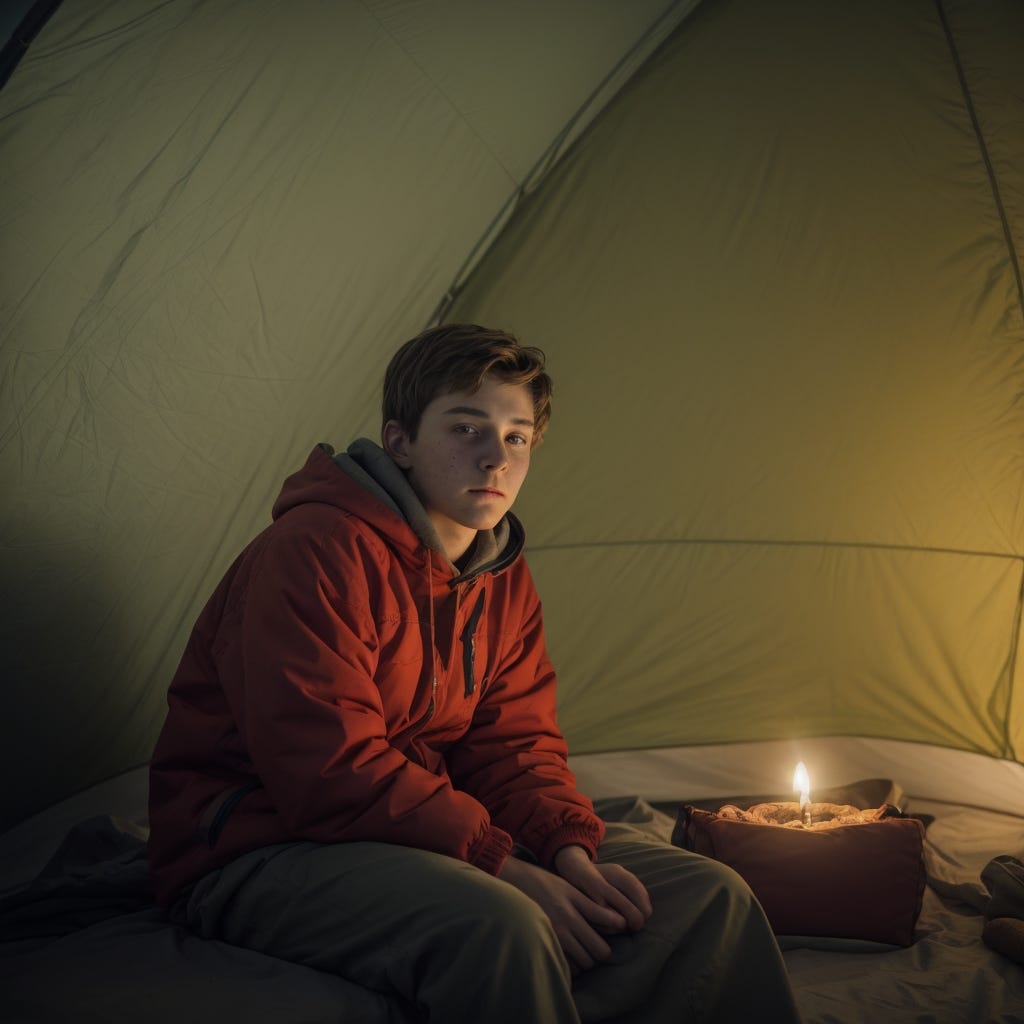 A teenage boy camping in a tent. He's sitting in a sleeping bag, holding a glowing gem in his hand.