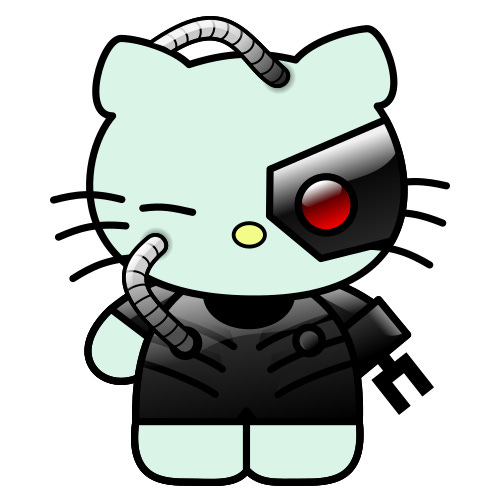 Hello Kitty as a Borg from Star Trek, with various bionic parts, tubes, and a glowing red eye.
