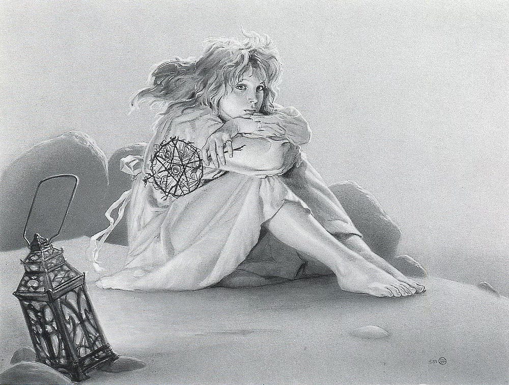 TIFFANY (1988), White charcoal and carbon pencil on Canson paper. Figure study featuring a girl with tousled blonde hair and arms crossed over her knees. A lantern rests on the ground next to her. In her hand, she holds something resembling a dreamcatcher with a star-like pattern in its webbing. 