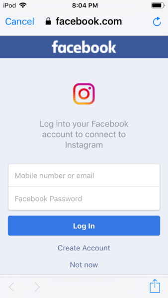 Facebook login page from Instagram 2021