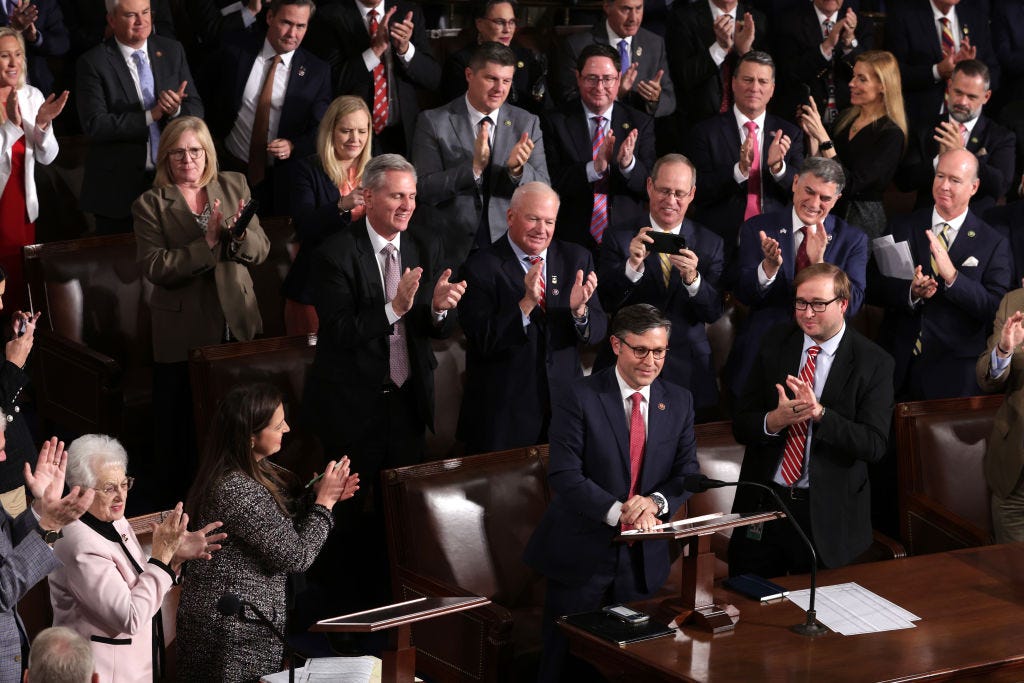 House Republicans applaud as U.S. Rep. Mike Johnson is elected the new Speaker of the House at the U.S. Capitol on October 25, 2023 in Washington, DC. (Photo by Alex Wong/Getty Images)