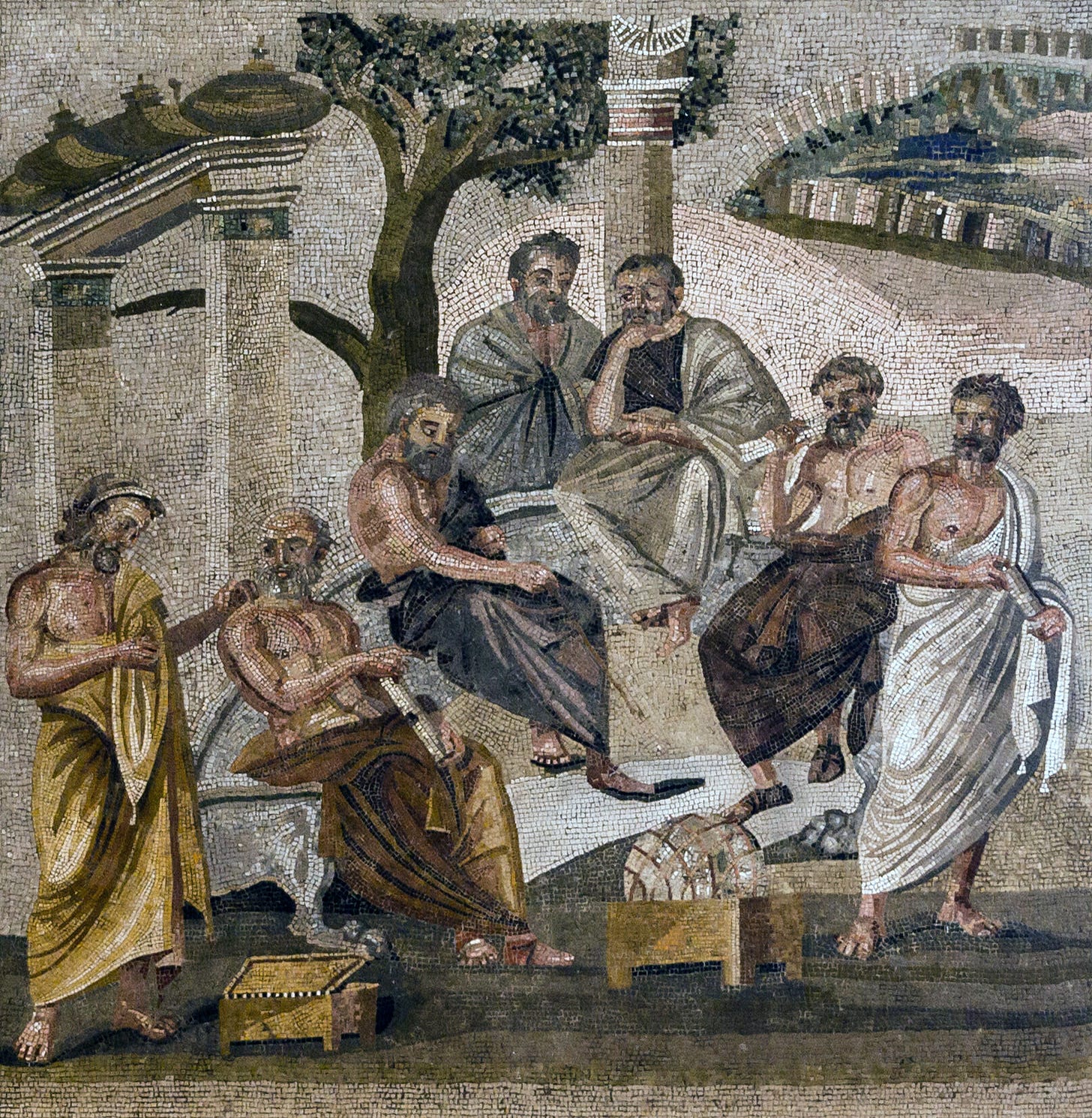 Mosaic depicting Plato at his academy surrounding by six students