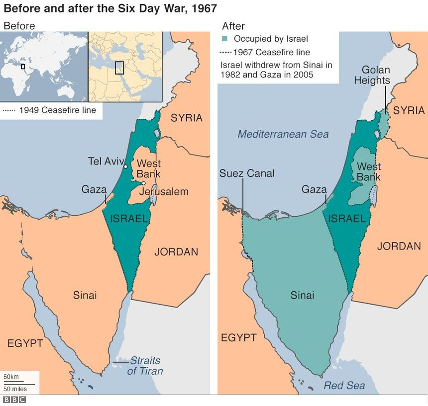Map of region before and after Six Day War