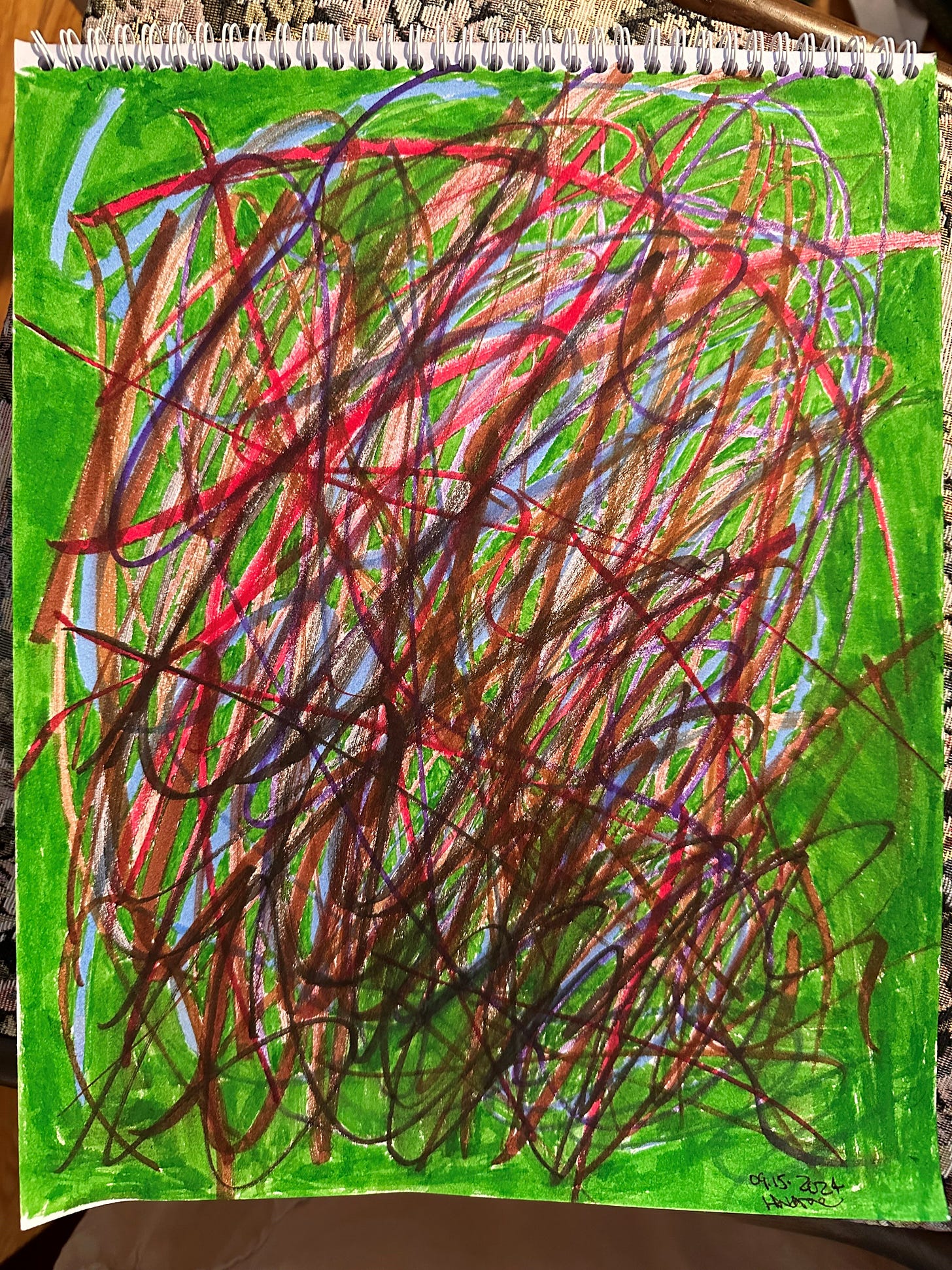 a full page of entangled scribbles in red, brown, and blue. The background is filled in green and so are the interstitial spaces between the scribbles. 