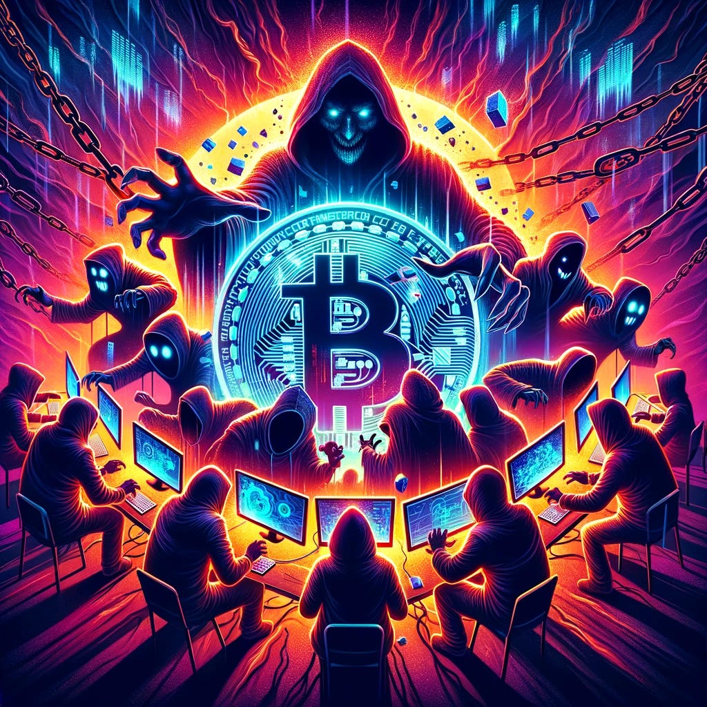 A dramatic, vivid illustration showcasing the concept of a Bitcoin 51% attack. The image is split into two distinct parts. On one side, a group of menacing, shadowy figures huddled around computers, their faces illuminated by the glow of the screens, representing the attackers. They are manipulating and combining their computing power to gain control. On the other half, a digital representation of the Bitcoin network appears as a fortress under siege, with digital waves symbolizing the attack. Above the scene, digital chains are breaking, symbolizing the breach of security. The atmosphere is tense and charged, highlighting the gravity of a 51% attack in the cryptocurrency world.