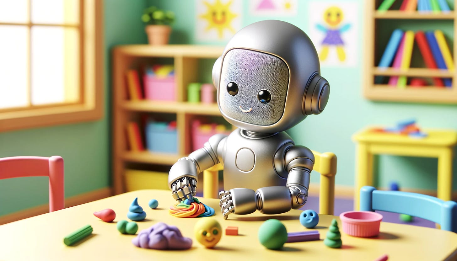 A playful scene depicting a child-like robot engaged in a creative activity. The robot, designed with a friendly and approachable look, is sitting at a small table. Its metallic body has smooth, rounded edges, giving it a safe and non-threatening appearance. The robot is happily playing with colorful plasticine, shaping it into various forms. The background is a cheerful, well-lit room, with children's drawings on the walls, suggesting a nurturing and imaginative environment. This setting combines technology and creativity, highlighting the joyful interaction between a robot and a classic childhood activity.