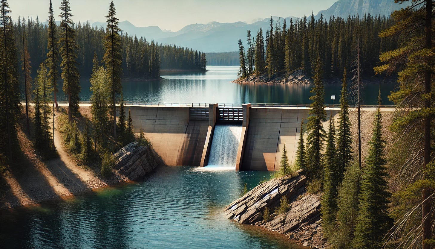 A small water dam in Canada holding back water at a lakeside. The dam is modest in size, constructed with concrete, and has a simple, straight design. The water level difference is small, creating a gentle spillover effect. The surrounding area features lush green forests with tall pine trees and rocky outcrops typical of Canadian landscapes. The lake water is calm, reflecting the blue sky and the forest. In the background, there are distant mountains partially covered in snow, adding to the scenic beauty. The scene is peaceful and picturesque, capturing the natural beauty of Canada's wilderness.